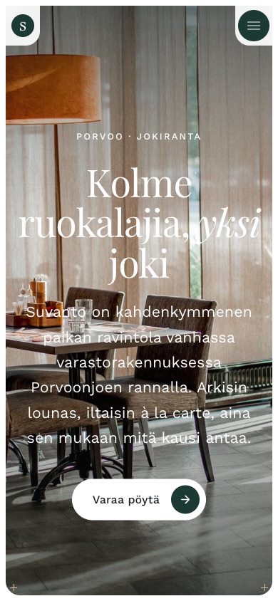 Ravintola Suvannon etusivu puhelimessa: suuri kuva ravintolasalista ja otsikko ruokalajeista.