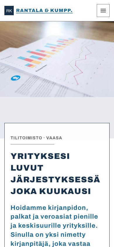 Tilitoimisto Rantala & Kumpp. -etusivu puhelimessa: valkoinen kortti kuvan päällä ja palvelujen esittely.